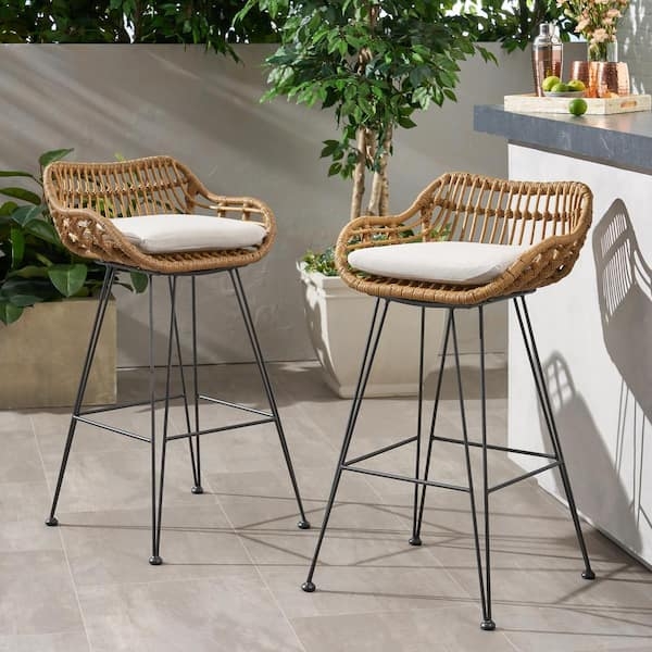 Outdoor Bar Stools Woven Faux Rattan Barstools with Slim Metal Legs
