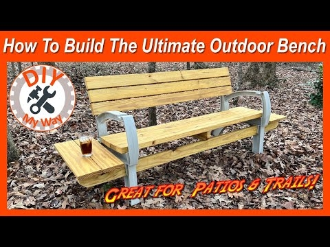 Outdoor Bench Angled Back Wood Slats Bracket Supported Rustic DIY Style
