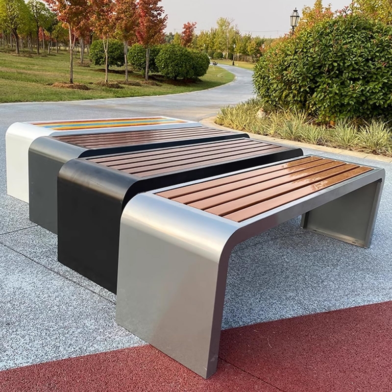 Outdoor Bench Backless Wood Slats Galvanized Steel Industrial Seating