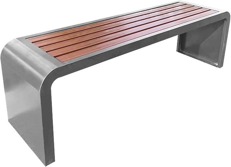Outdoor Bench Backless Wood Slats Thick Metallic Legs Modern Patio