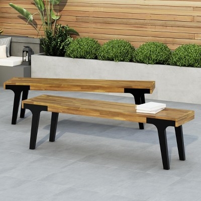 Outdoor Bench Backless Wood Slatted Top Black Metal Sled Legs Industrial