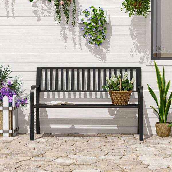 Outdoor Bench Classic Metal Finish Horizontal Slats Curved Armrests