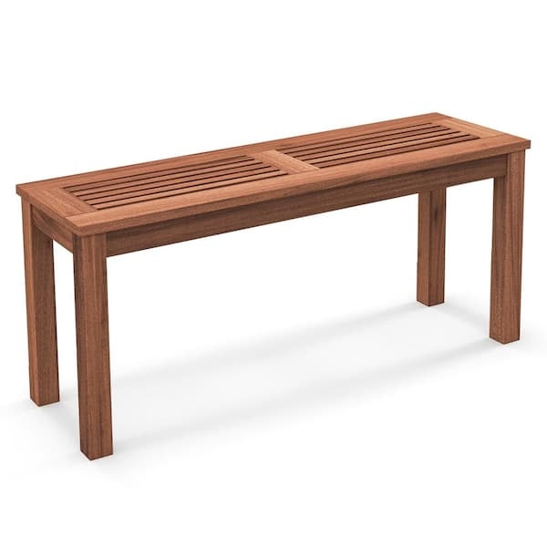 Outdoor Bench Curved Slatted Backrest Honey Finish Traditional H Stretcher