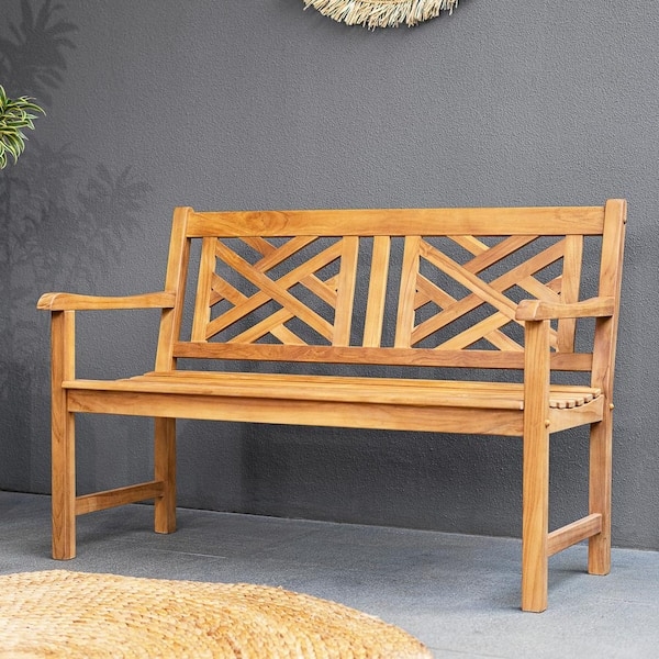 Outdoor Bench, Geometric Trellis Backrest, Warm Oak Natural Grain Finish