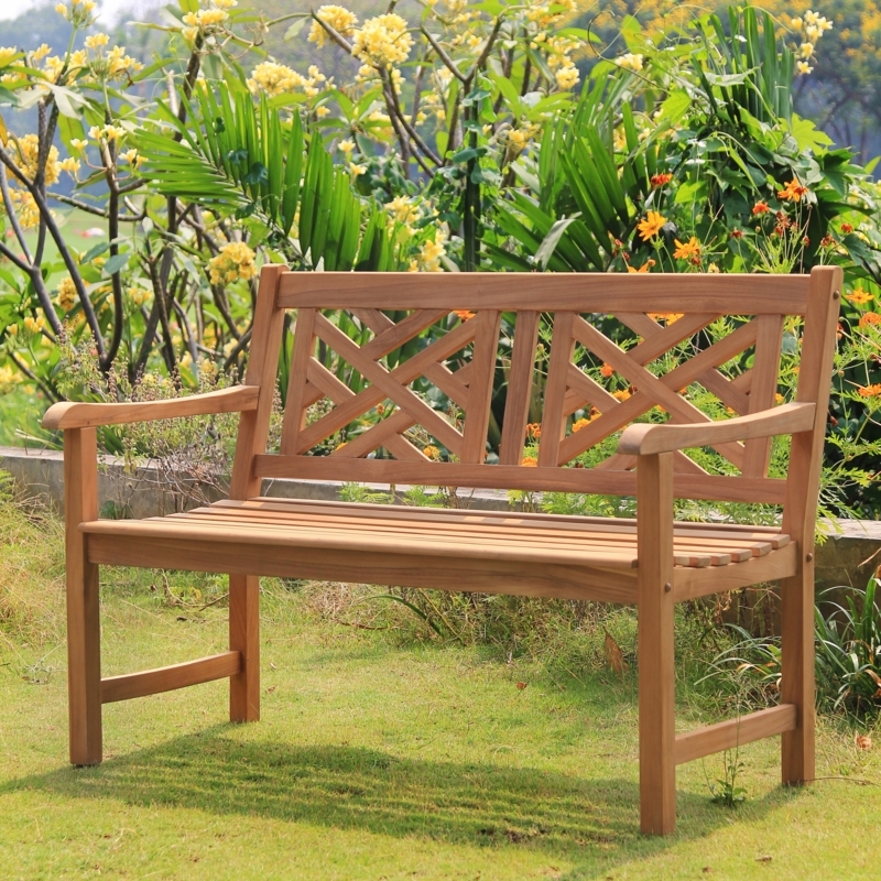 Outdoor Bench Honey Toned Wood Slat Back Traditional Seating