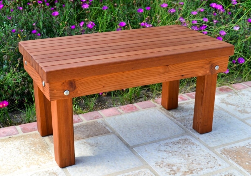 Outdoor Bench Low Profile Slatted Top Reddish Brown Wood