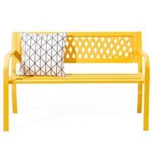 Outdoor Bench Mesh Backrest Slatted Seat Metal Frame Patio Seating