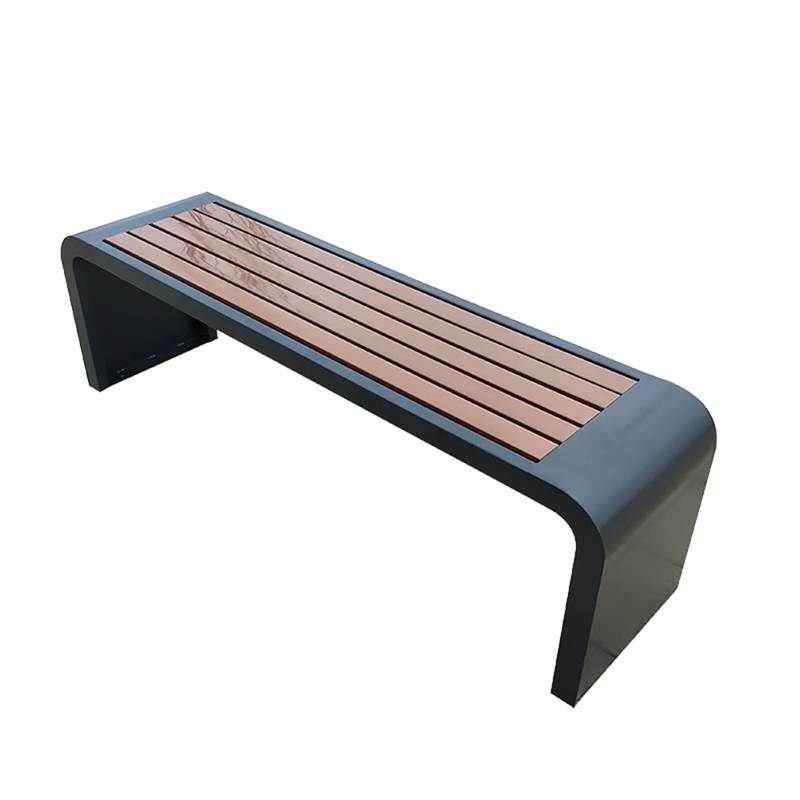 Outdoor Bench Minimalist Backless Slatted Wood And Black Metal Patio