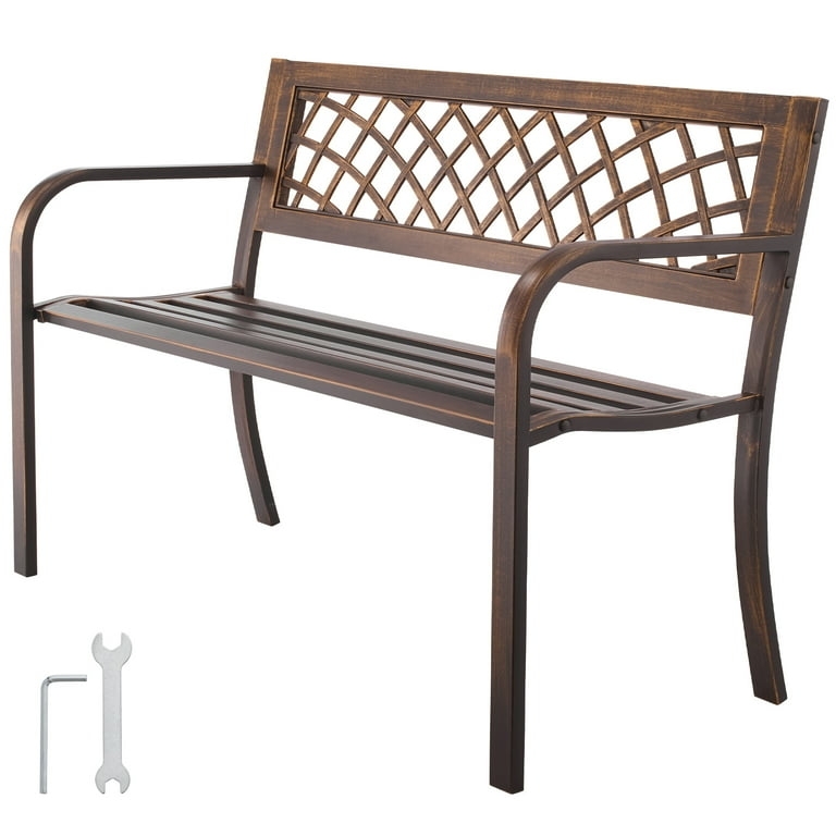 Outdoor Bench Modern Mesh Backrest Rounded Armrests Matte Metal Finish