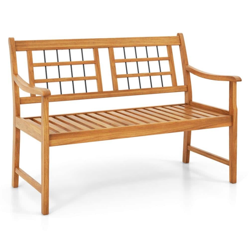 Outdoor Bench Natural Acacia Wood Slatted Straight Arms Coastal Patio