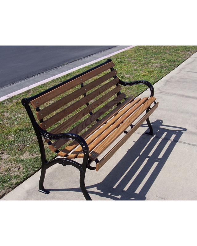 Outdoor Bench Ornate Cast Metal Frame Honey Oak Slats Park Bench