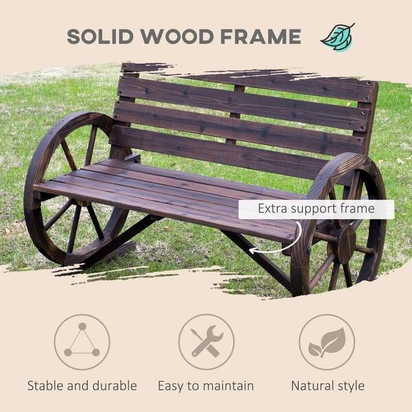 Outdoor Bench Rustic Wagon Wheel Arms Slatted Patio Seating Porch