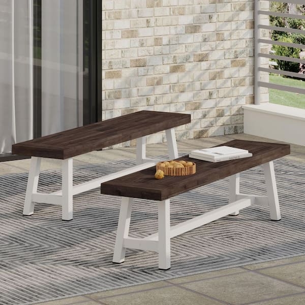 Outdoor Bench Set White Sled Frame Dark Brown Slats Minimalist Patio