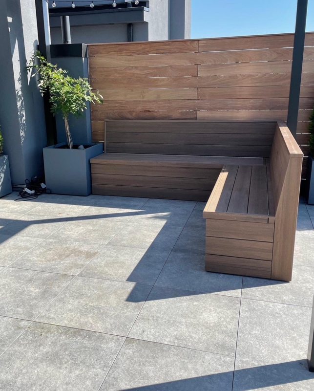 Outdoor Bench with Built-in Planter & Slatted Seat Design