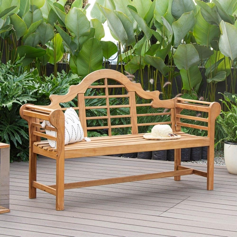 Outdoor Bench with Integrated Armrests in Teak Toned Finish for Garden