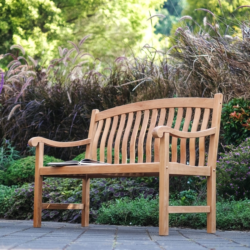 Outdoor Bench with White Seat Cushions in Coastal Style Garden Seating