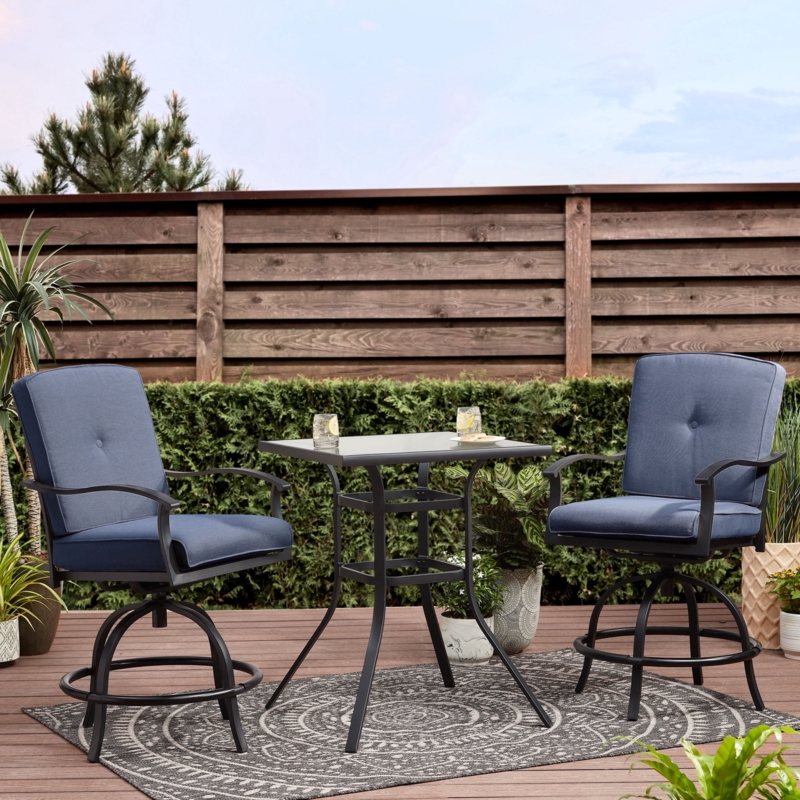 Outdoor Bistro Set Swivel Base High Back Tan Cushions Elevated Deck