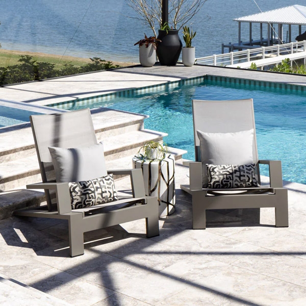 Outdoor Chaise Lounge Poolside Teak Look Adjustable Back Synthetic Mesh