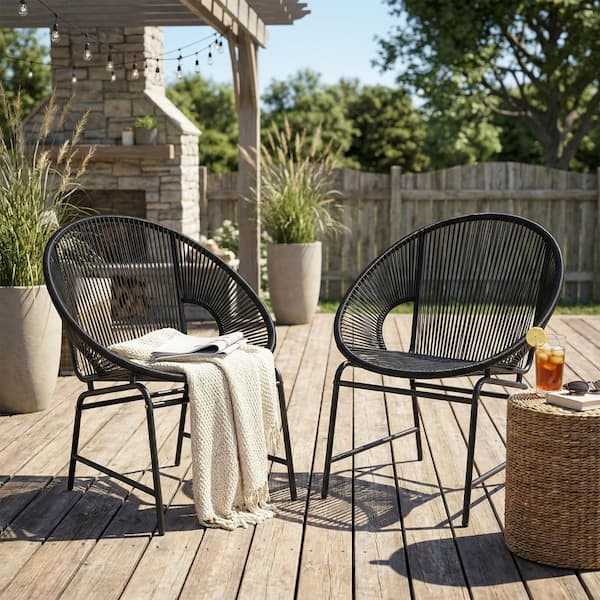 Outdoor Club Chair: Bohemian Matte Black Metal Frame Open Weave