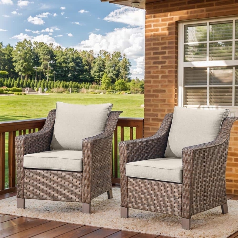 Outdoor Club Chair: Modern Multitonal Wicker Track Arms Beige Cushions