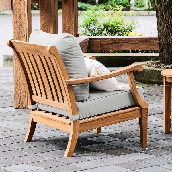 Outdoor Club Chair: Scandinavian Honey Tone Finish Slatted Wood Frame