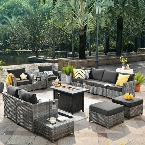 Outdoor Conversation Set 13-Piece Modular Wicker with Fire Pit Table