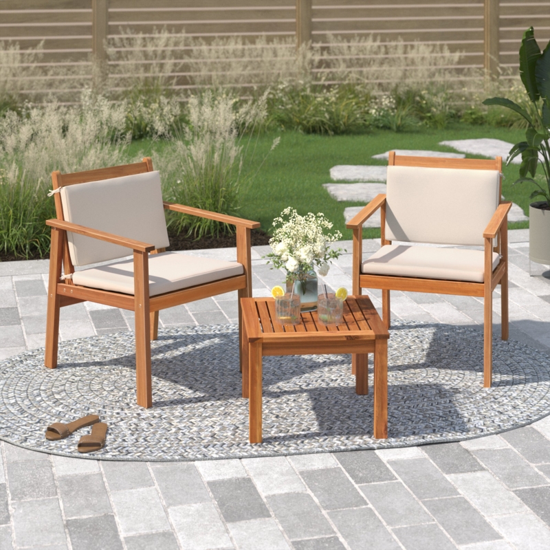 Outdoor Conversation Set 3-Piece Natural Wood Round Table Gray Cushions