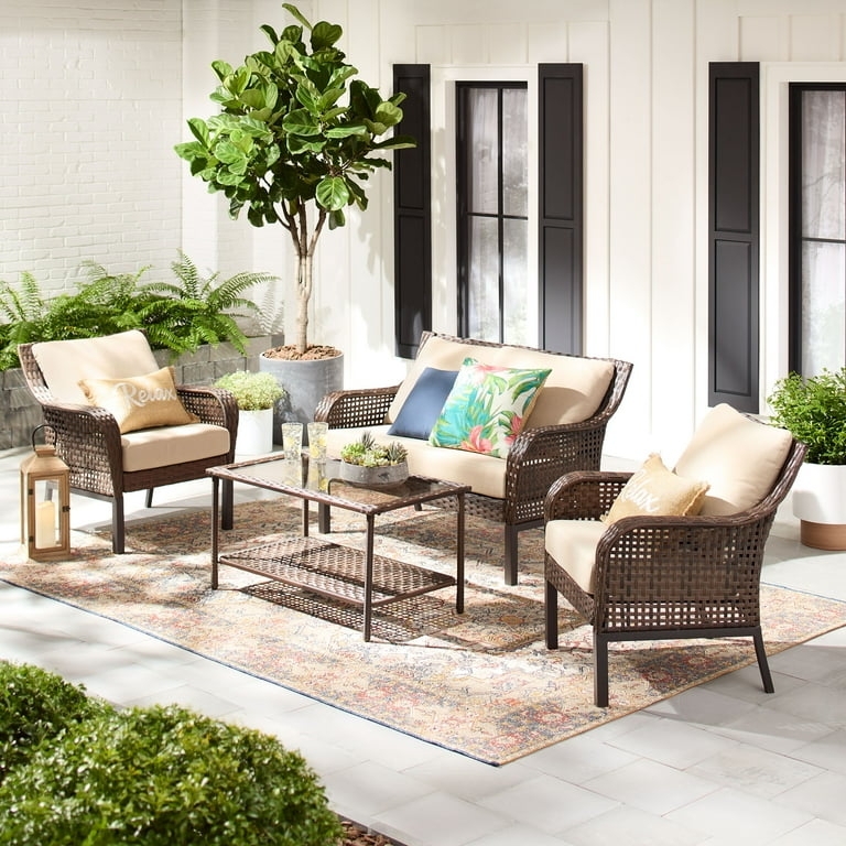 Outdoor Conversation Set 4-Piece Wicker High Contrast Beige Cushions