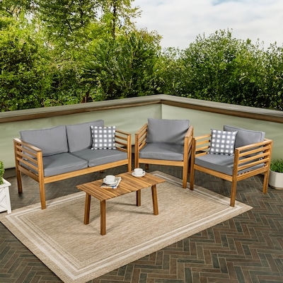 Outdoor Conversation Set 4-Piece with Slatted Wood Back and Cushions