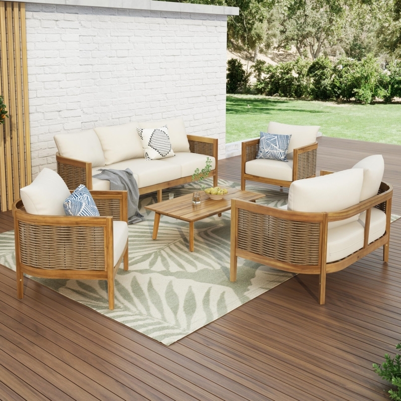 Outdoor Conversation Set 5 Piece Wood Toned Woven Wicker Accents