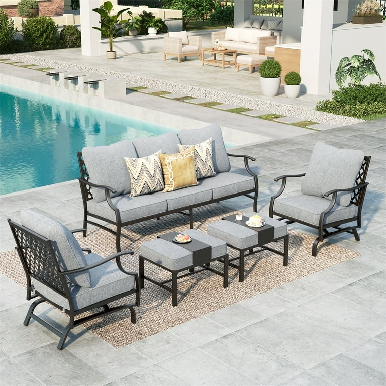 Outdoor Conversation Set 7 Seat Capacity Rocking Chairs Fire Pit Gray