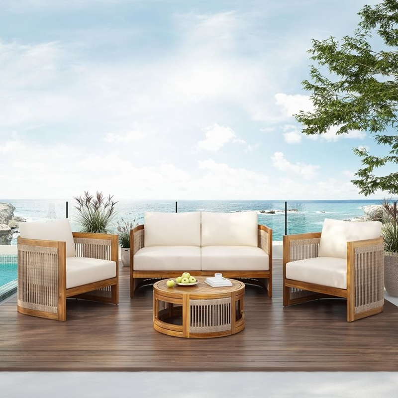 Outdoor Conversation Set Acacia Wood Look Rope Woven Panels Poolside
