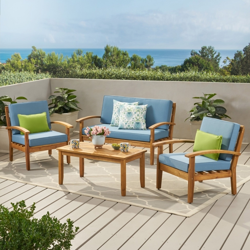 Outdoor Conversation Set Acacia Wood X-Base Table Navy Blue Cushions
