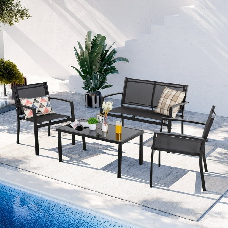 Outdoor Conversation Set Black Steel Textilene Mesh Sled Base Glass Top
