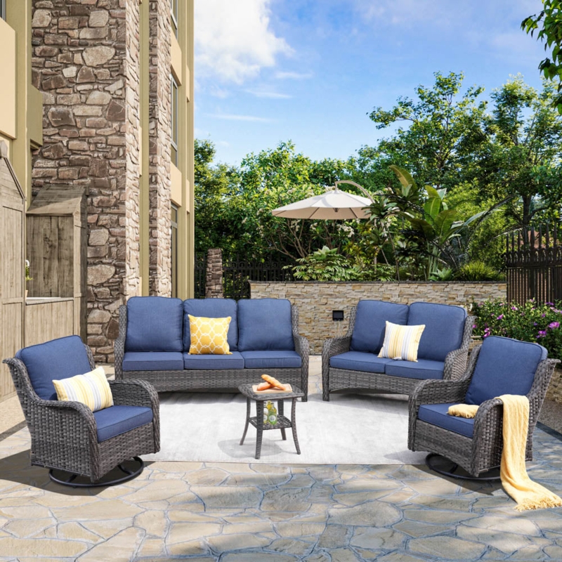 Outdoor Conversation Set: Black Wicker Weave with Denim Blue Cushions