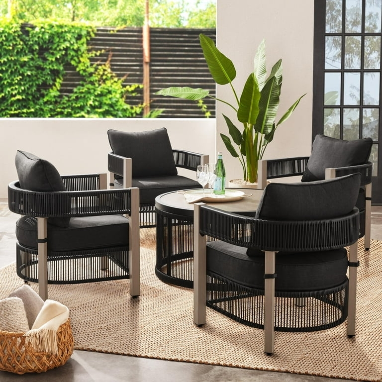 Outdoor Conversation Set: Black Wicker with Nesting Ottomans
