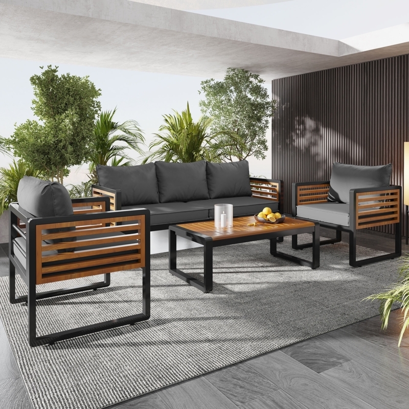 Outdoor Conversation Set Coastal Set Mixed Material Slatted Top Grey
