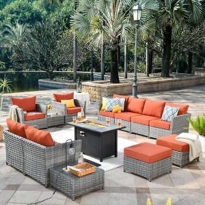 Outdoor Conversation Set, Curved Modular Wicker, Integrated Fire Table