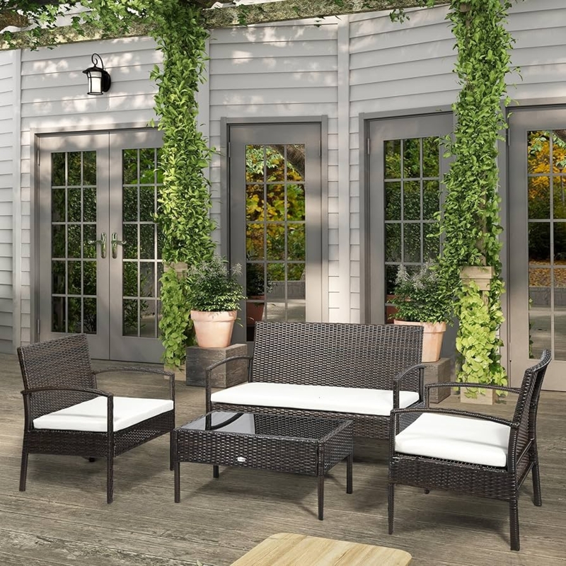 Outdoor Conversation Set Dark Brown Wicker with Glass Table Storage Shelf