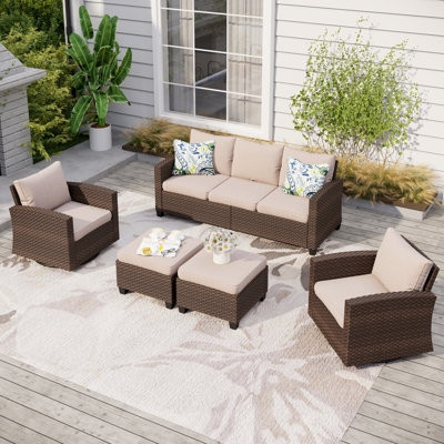 Outdoor Conversation Set Dark Wicker Swivel Chairs Slatted Table Tops