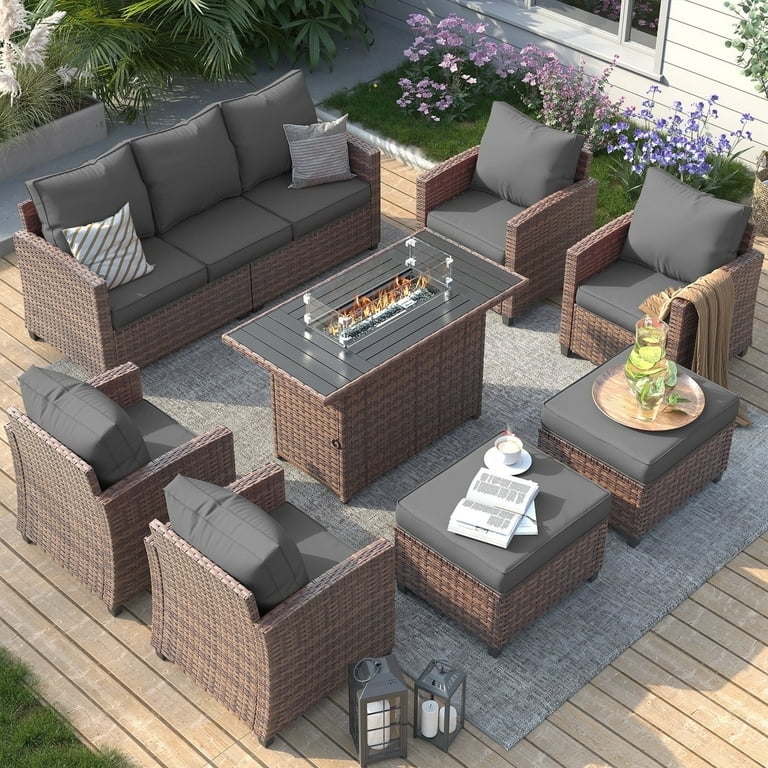 Outdoor Conversation Set Fire Pit Table Tan Wicker Base Gray Poolside