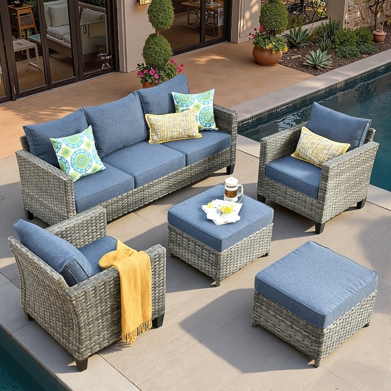 Outdoor Conversation Set Gray Rattan Texture High Back Sofa Navy
