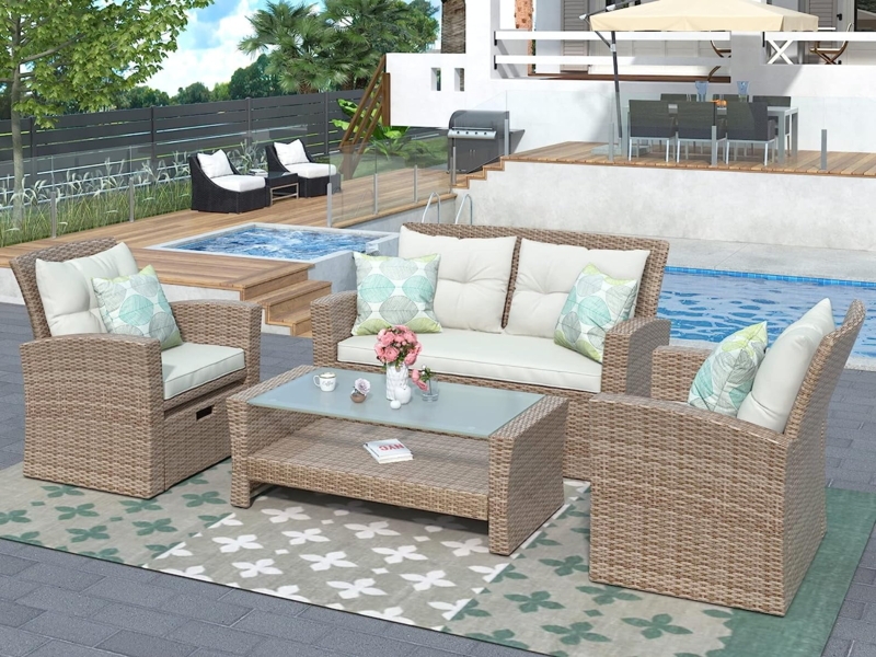 Outdoor Conversation Set Gray Wicker 5-Piece with Ottomans