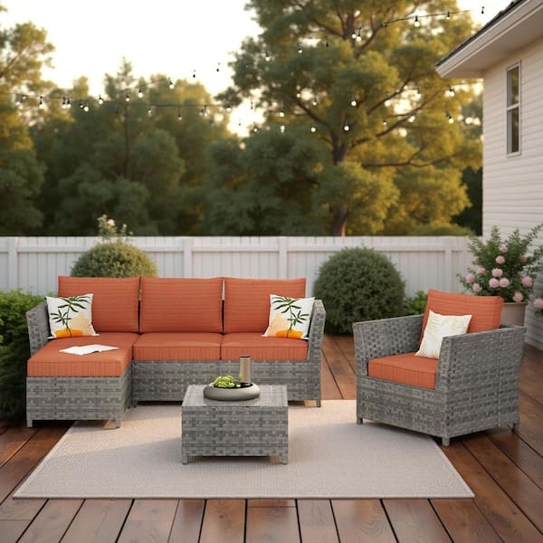 Outdoor Conversation Set Gray Wicker with Orange-Red Cushions