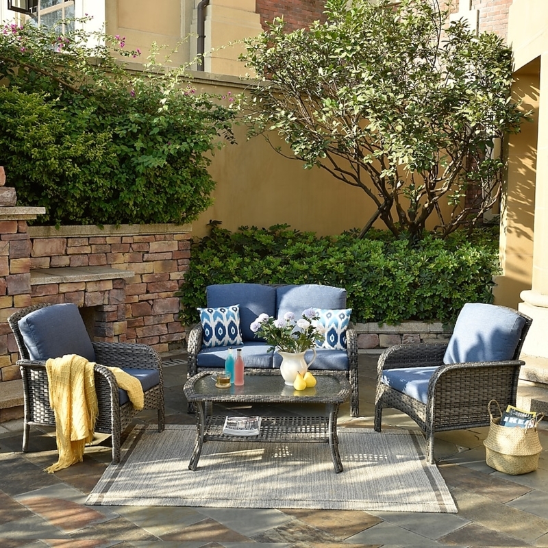 Outdoor Conversation Set Grey Wicker Weave Denim Blue Glass Top
