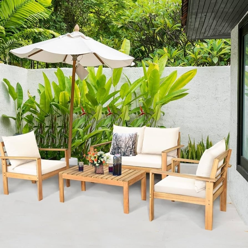 Outdoor Conversation Set Honey Brown Wood Tapered Legs Cream Cushions