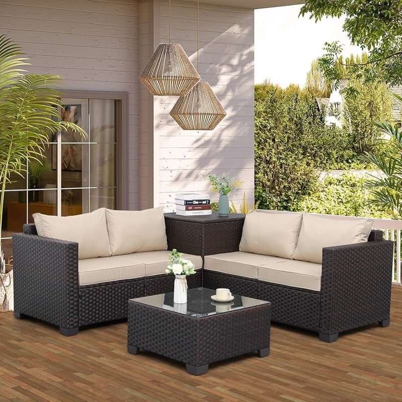 Outdoor Conversation Set in Woven Rattan with Glass Top Table