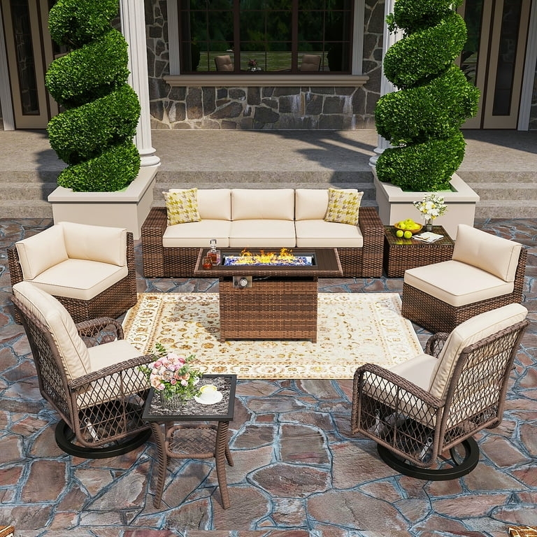 Outdoor Conversation Set Integrated Fire Pit 10 Piece Swivel Chairs Wicker