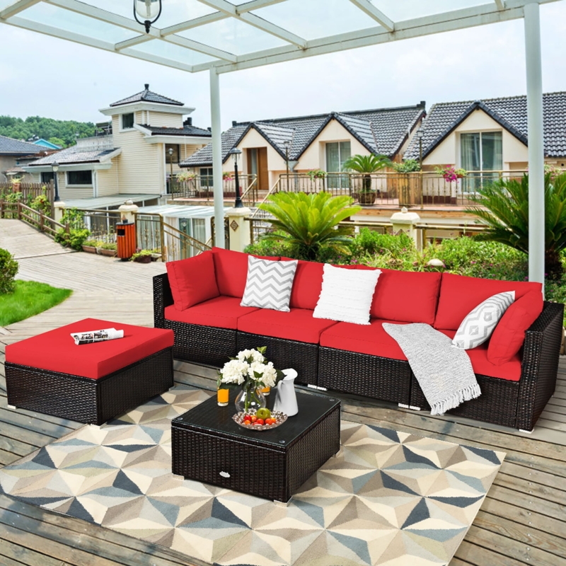 Outdoor Conversation Set L-Shaped Sectional Modular Rattan Glass Top