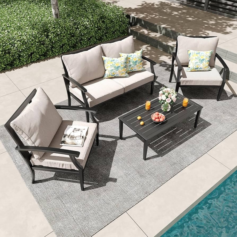 Outdoor Conversation Set Modern Metal Frame with High Back Beige Cushions